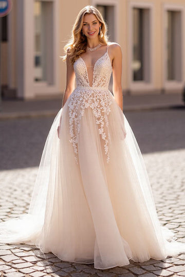 lvory A Line Appliqued Tulle Long Wedding Dress